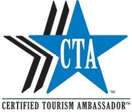 Certified Tourism Ambassador logo: an offset stack of black and blue stars with CTA in white text at the center.