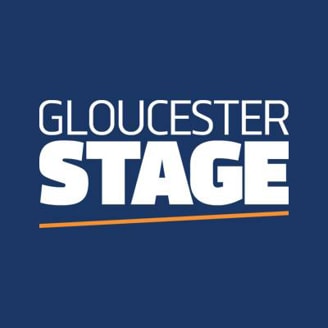 Logo for the Gloucester Stage organization, with white capital letters on a navy background and an askew gold underline.