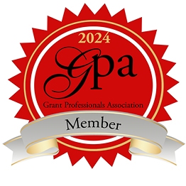 Grant Professionals Association Member 2024 logo: A red circular seal with a silver folded ribbon across the bottom and black text.