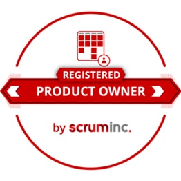 Registered Product Owner logo: Red circle outline with red and white block text and the tagline by scrum inc. at the bottom.