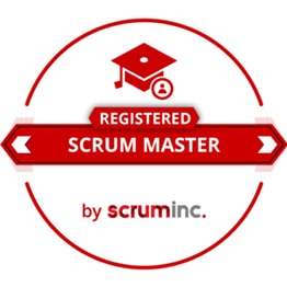 Registered Scrum Master logo: Red circle outline with red and white block text and the tagline by scrum inc. at the bottom.